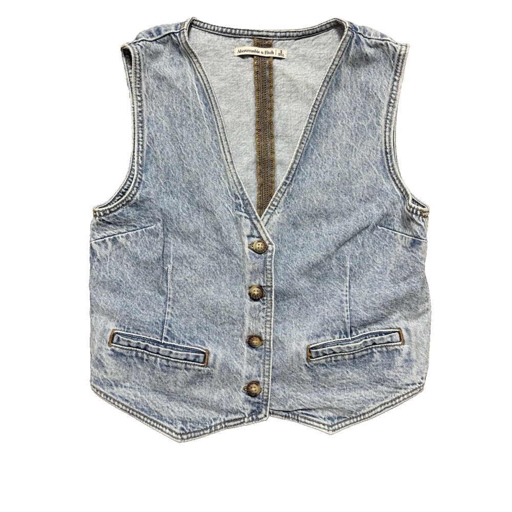 Abercrombie & Fitch Denim Jean Button Vest Women's Size Small V-Neck Medium Wash